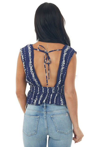 Navy Floral Striped Peplum Cropped Tank Top