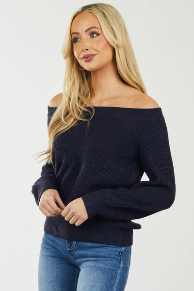Navy Long Sleeve Off Shoulder Knit Sweater