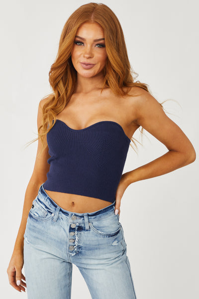 Navy Sweetheart Neck Strapless Ribbed Bandeau Top