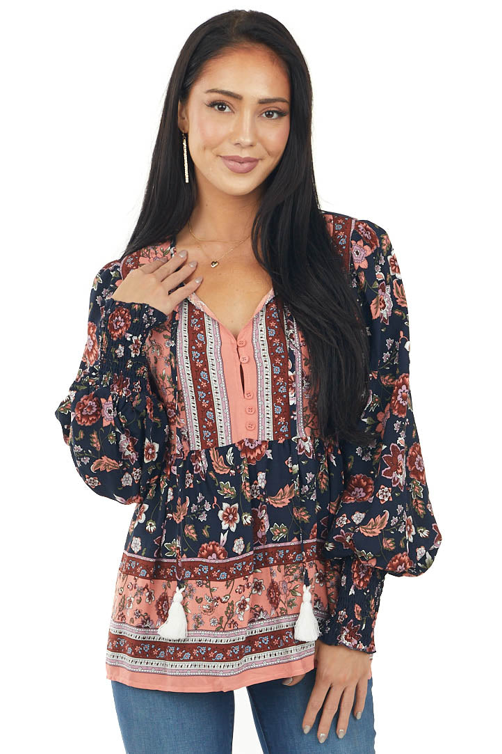 Navy and Coral Floral Print Drop Waist Blouse