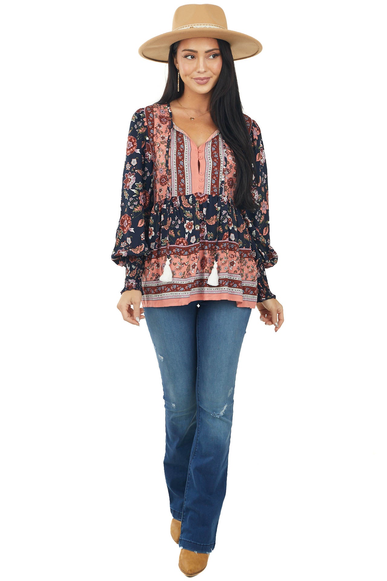 Navy and Coral Floral Print Drop Waist Blouse