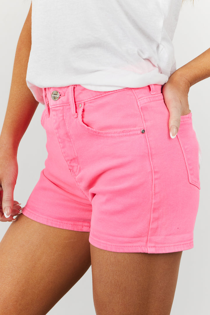 Neon Pink High Rise Zipper Fly Denim Shorts