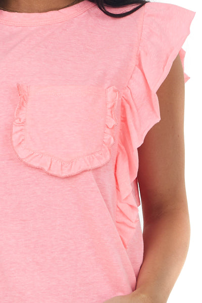 Neon Pink Ruffle Sleeve Knit Top with Pocket