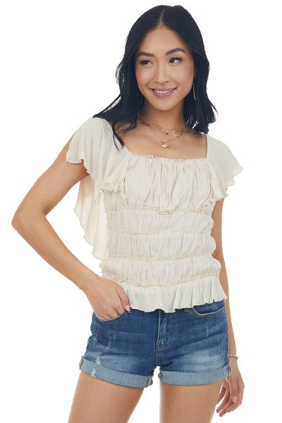 Nude Frill Ruched Flutter Sleeve Bodysuit