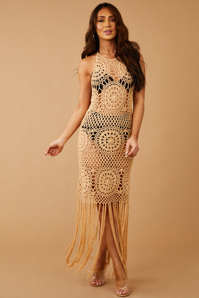 Nude Halter Neck Fringe Hem Crochet Knit Dress