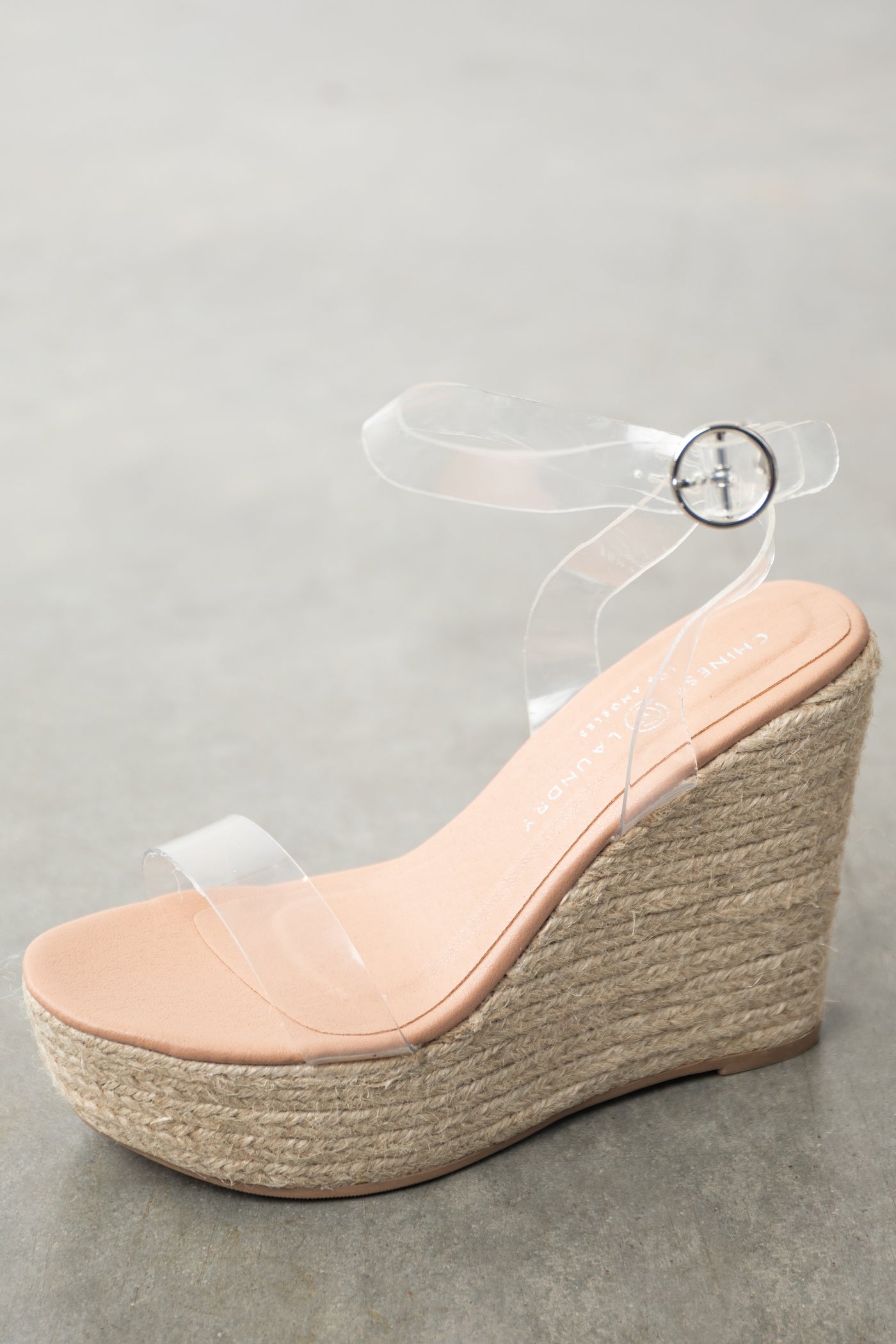 Nude Clear Lucite Ankle Strap Rattan Wedges