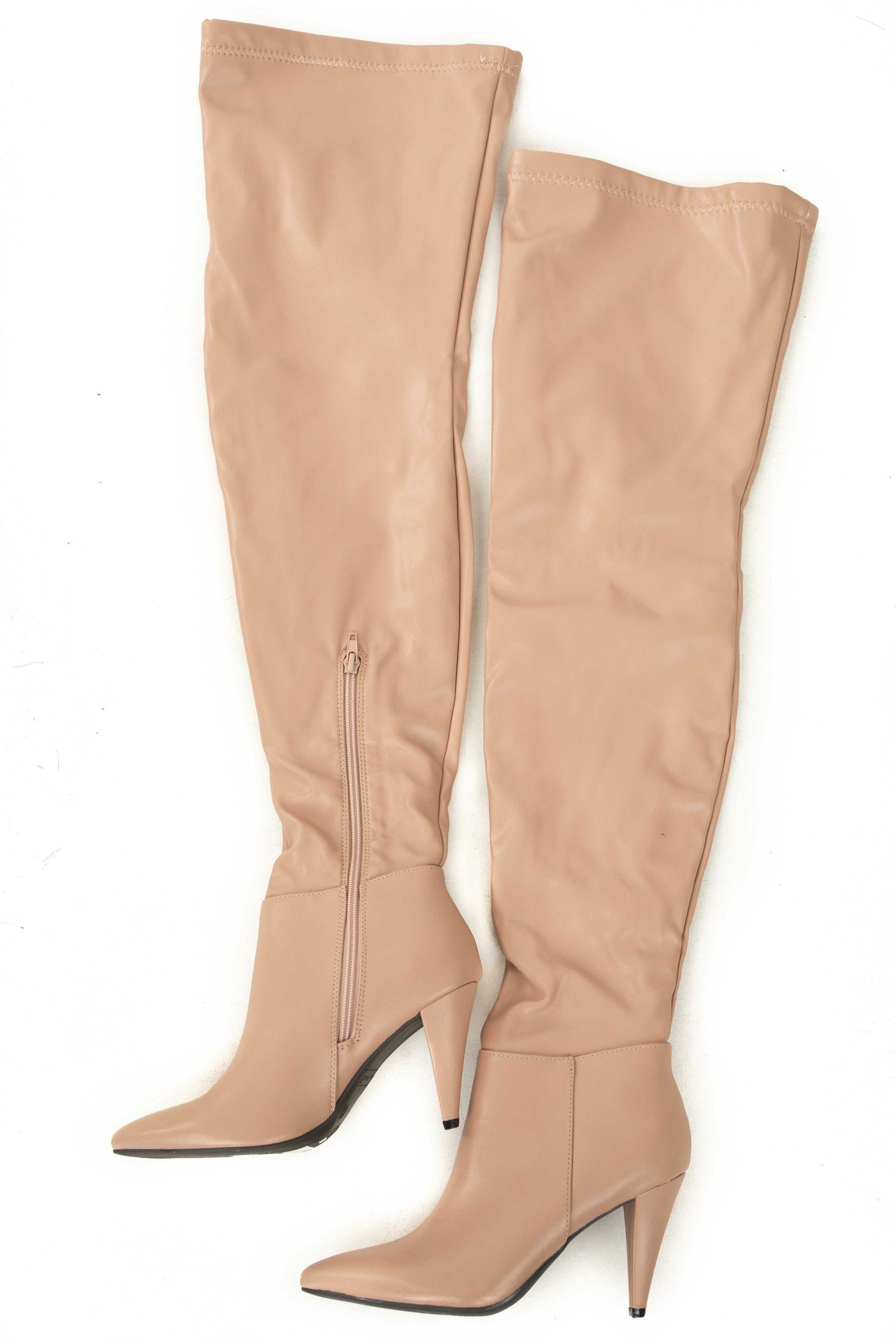 Nude Faux Leather Thigh High Pointed Heel Boots