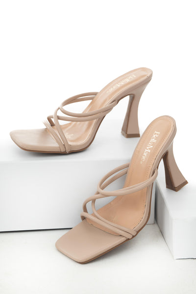Nude Pleather Square Toe Strappy Spool Heels