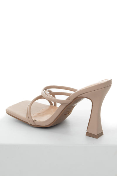 Nude Pleather Square Toe Strappy Spool Heels