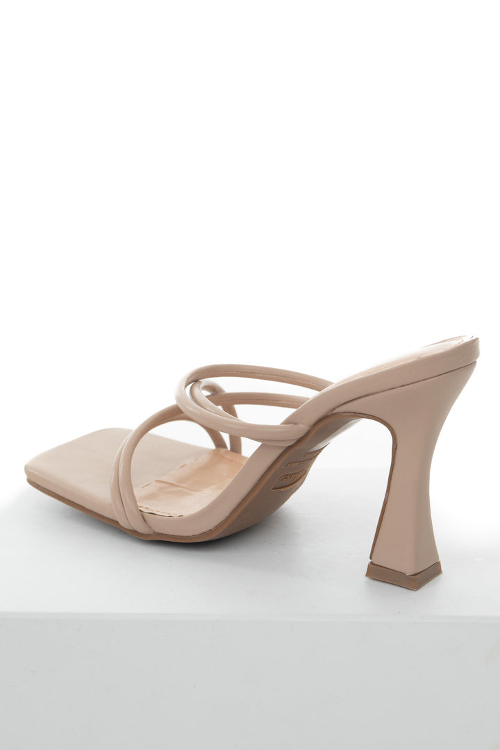 Nude Pleather Square Toe Strappy Spool Heels