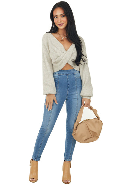 Oatmeal Two Tone Twist Front Cropped Sweater
