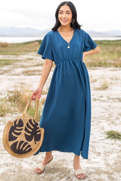 Ocean Cinch Waist Flutter Sleeve Maxi Dress