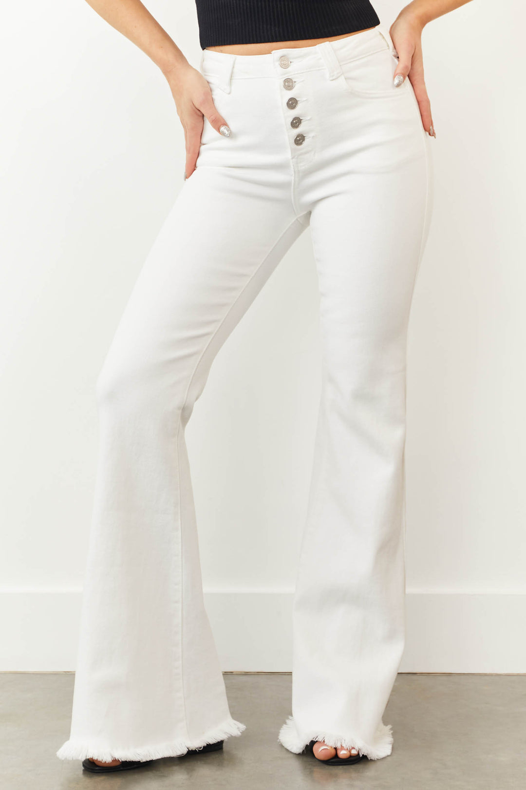 KanCan Off White Button Fly High Rise Flare Jean & Lime Lush