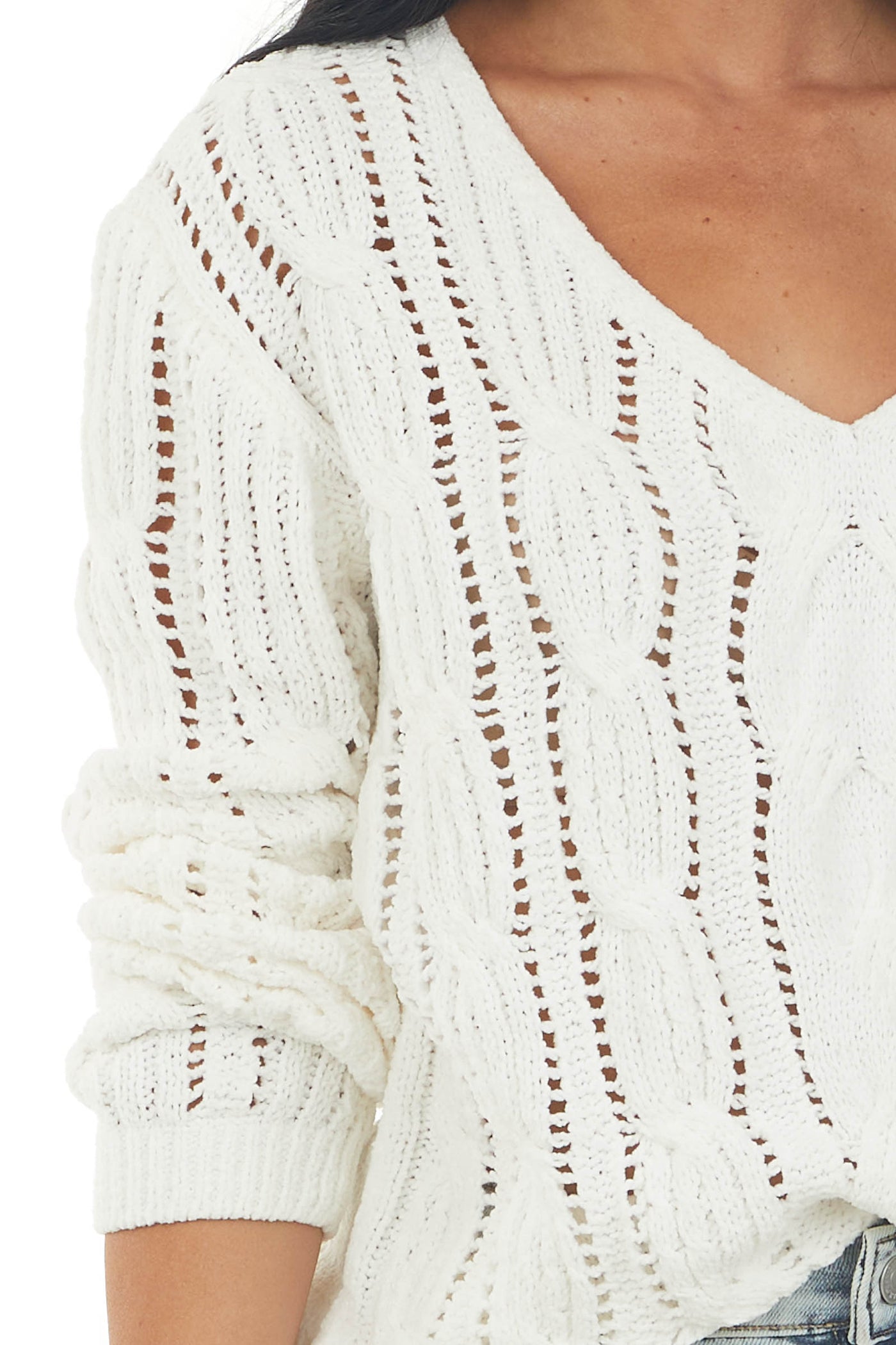 Off White Chenille Loose Cable Knit Sweater