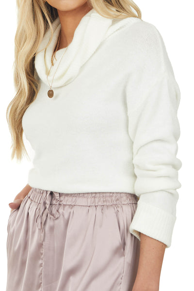 Off White Cowl Neck Long Sleeve Knit Sweater