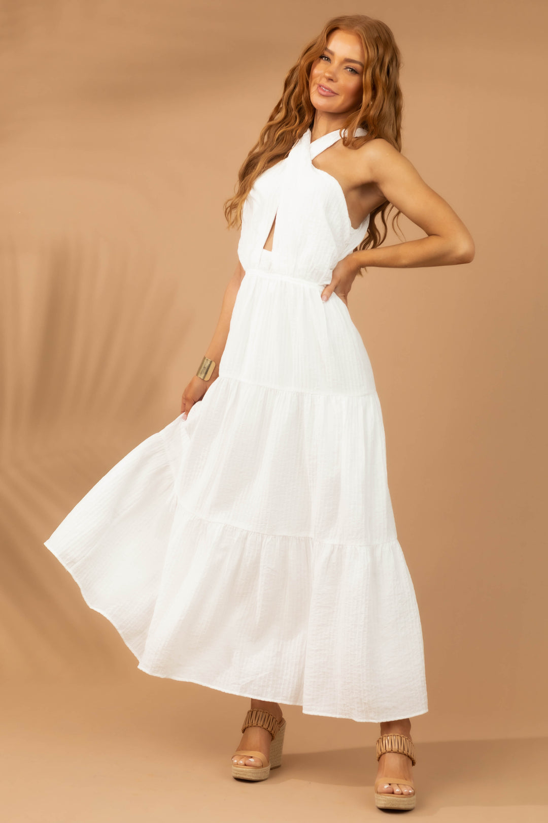 Run the Summer White Two-Piece Flyaway Halter Maxi Dress