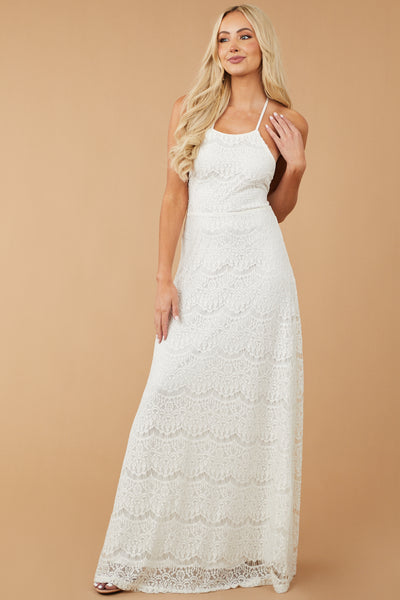 Off White Crochet Lace Halter Neck Maxi Dress