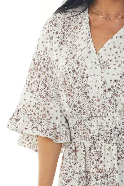 Off White Ditsy Floral Print Surplice Dress