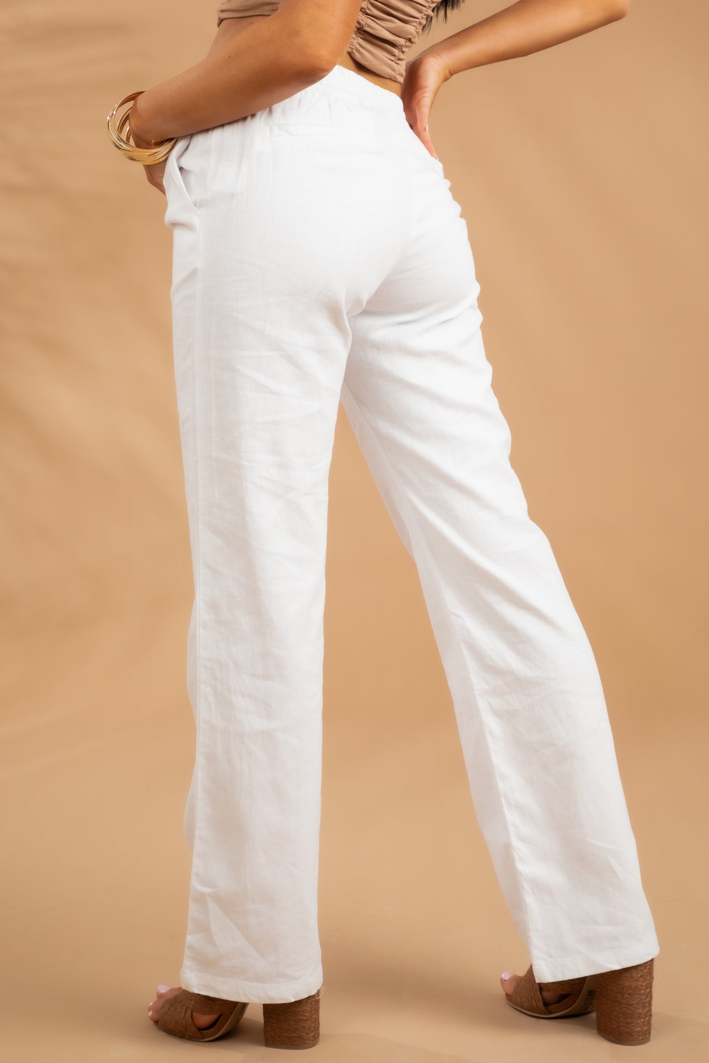 Off White Elastic Waist Woven Linen Pants