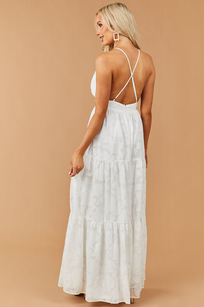 Off White Floral Textured V Neck Woven Maxi Dress