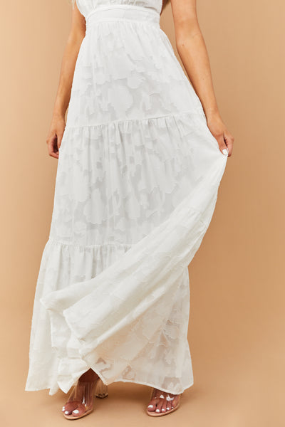 Off White Floral Textured V Neck Woven Maxi Dress