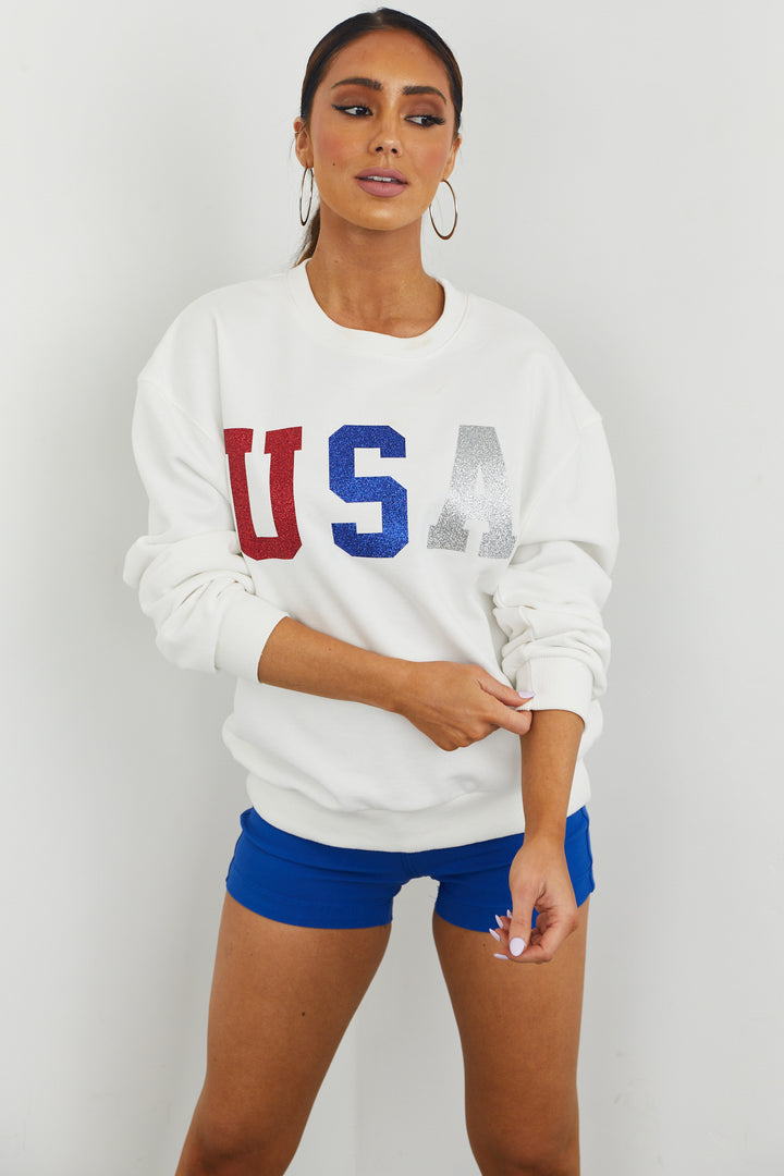 Off White Glitter USA Graphic Sweatshirt
