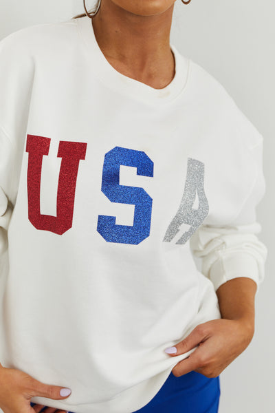 Off White Glitter USA Graphic Sweatshirt