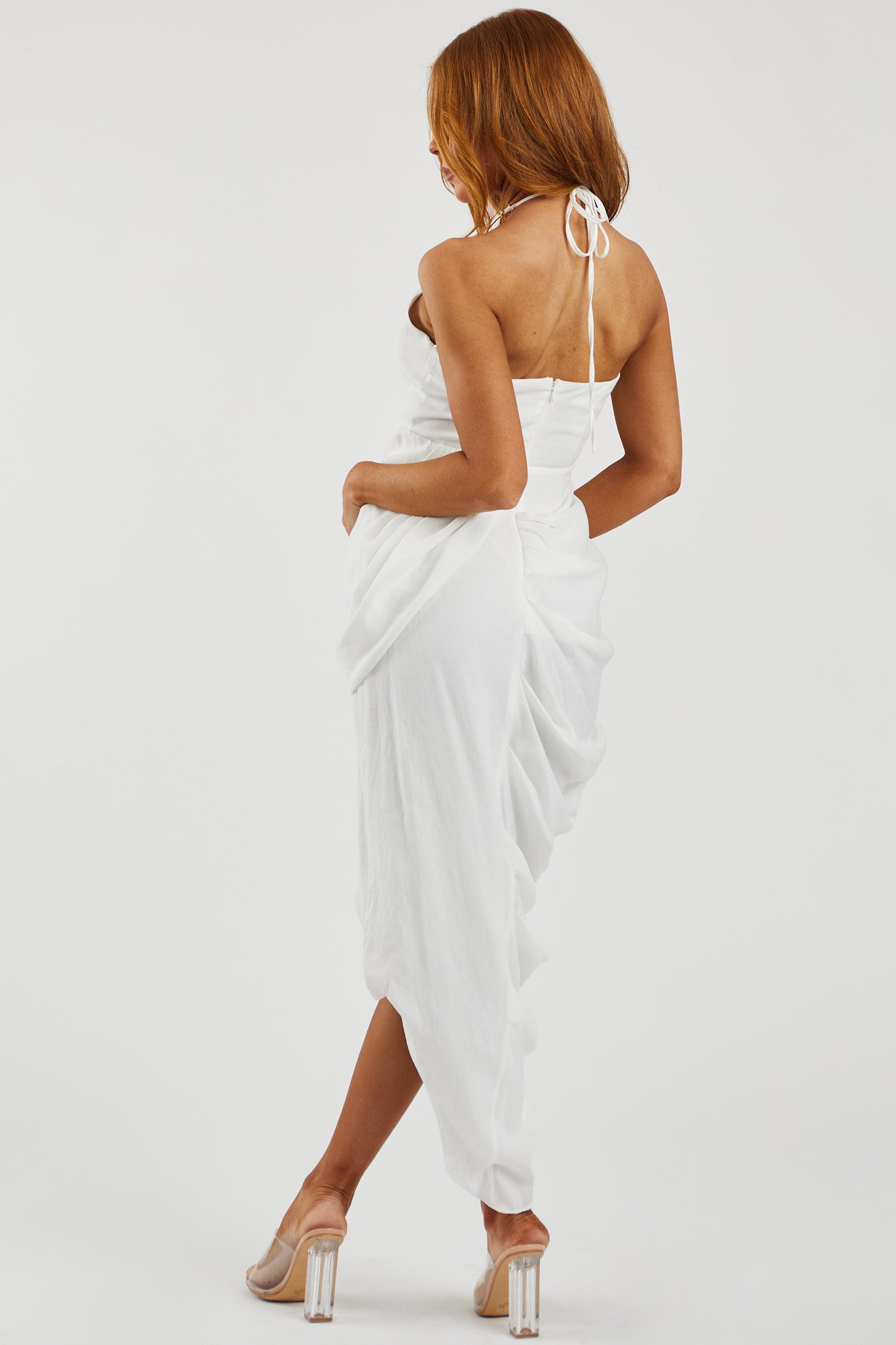 Off White Halter Neck Asymmetrical Drape Dress