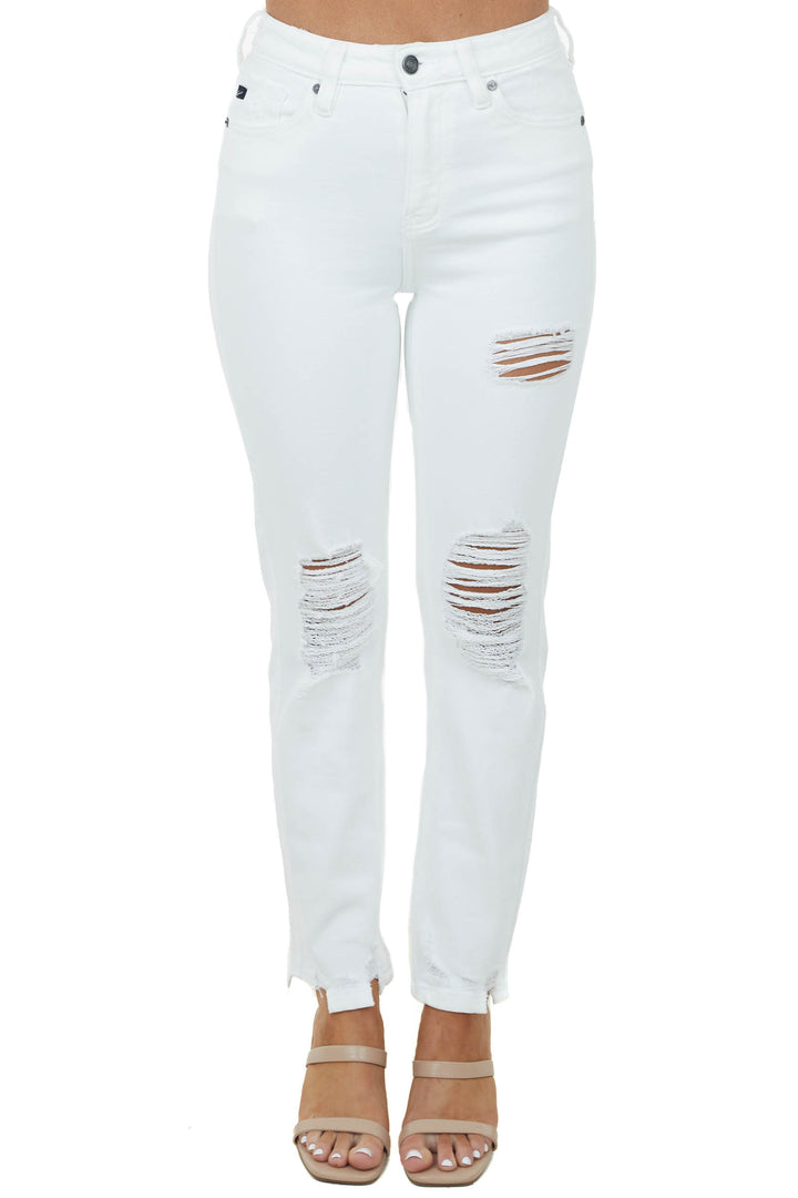 Off White High Rise Distressed Straight Jeans