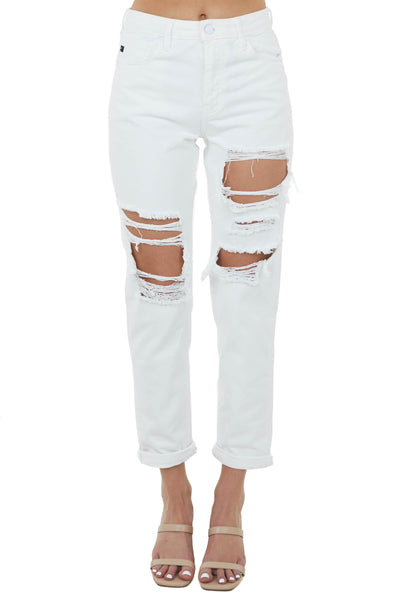 Off White High Rise Heavily Distressed Denim Jeans