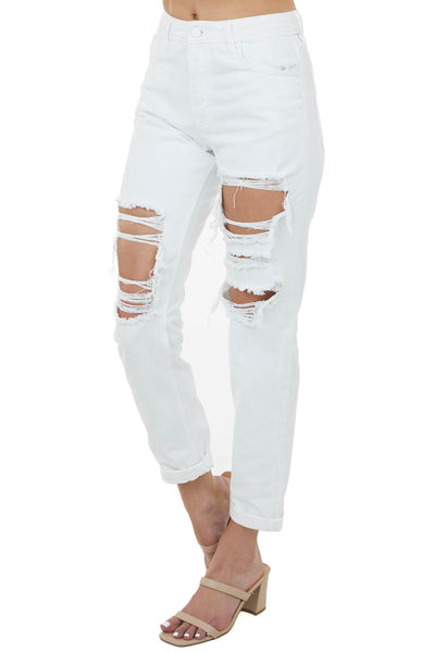Off White High Rise Heavily Distressed Denim Jeans