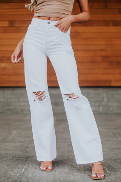 Off White High Waisted Distressed Knee Jeans