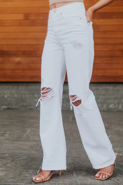 Off White High Waisted Distressed Knee Jeans