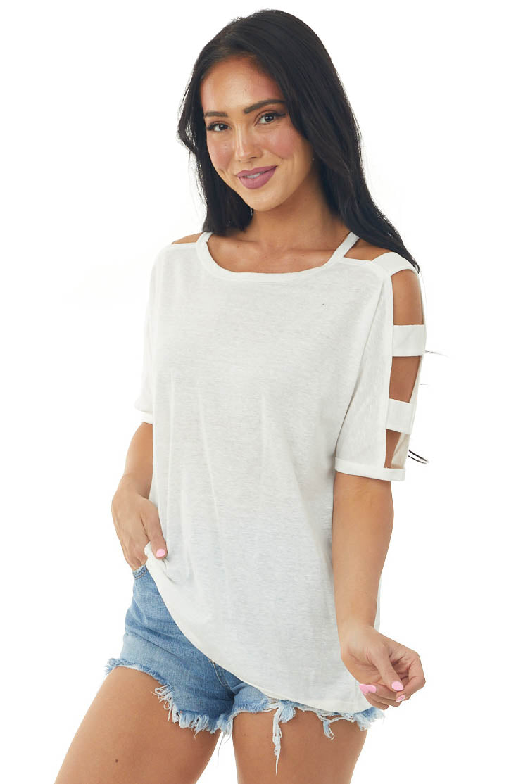 Off White Melange Ladder Cut Out Sleeve Tee