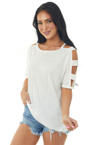 Off White Melange Ladder Cut Out Sleeve Tee