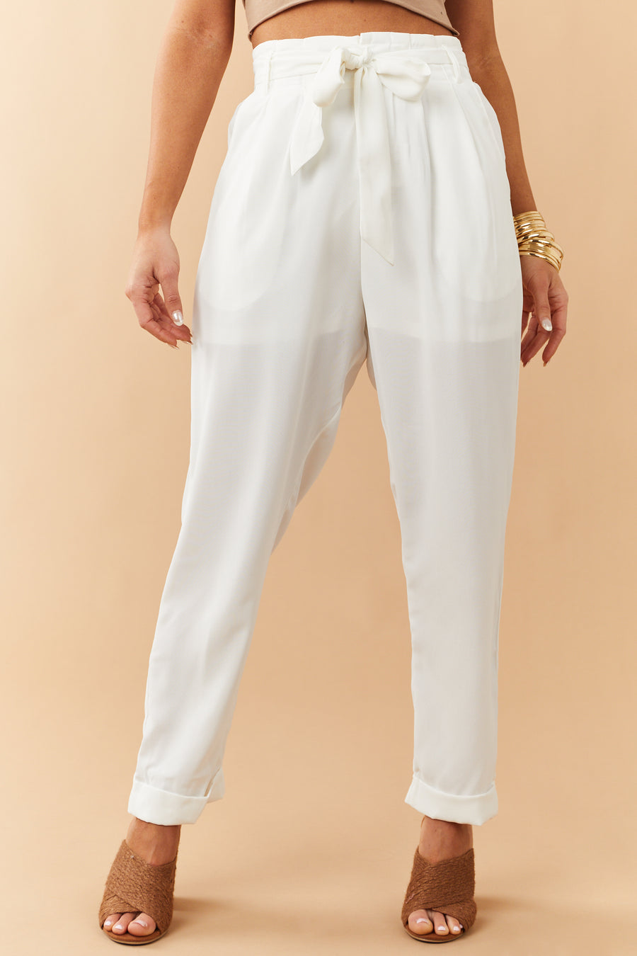 Off White Paper Bag Pleated Straight Leg Pants
