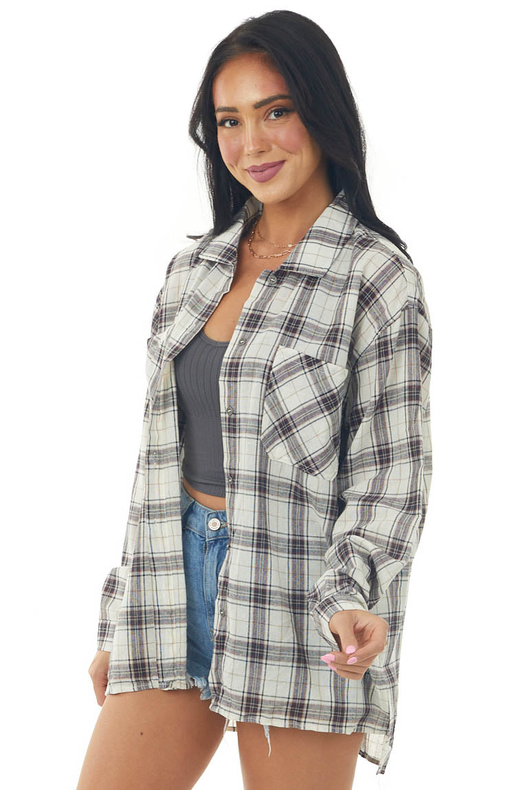 Off White Plaid Front Knot Button Down Shirt
