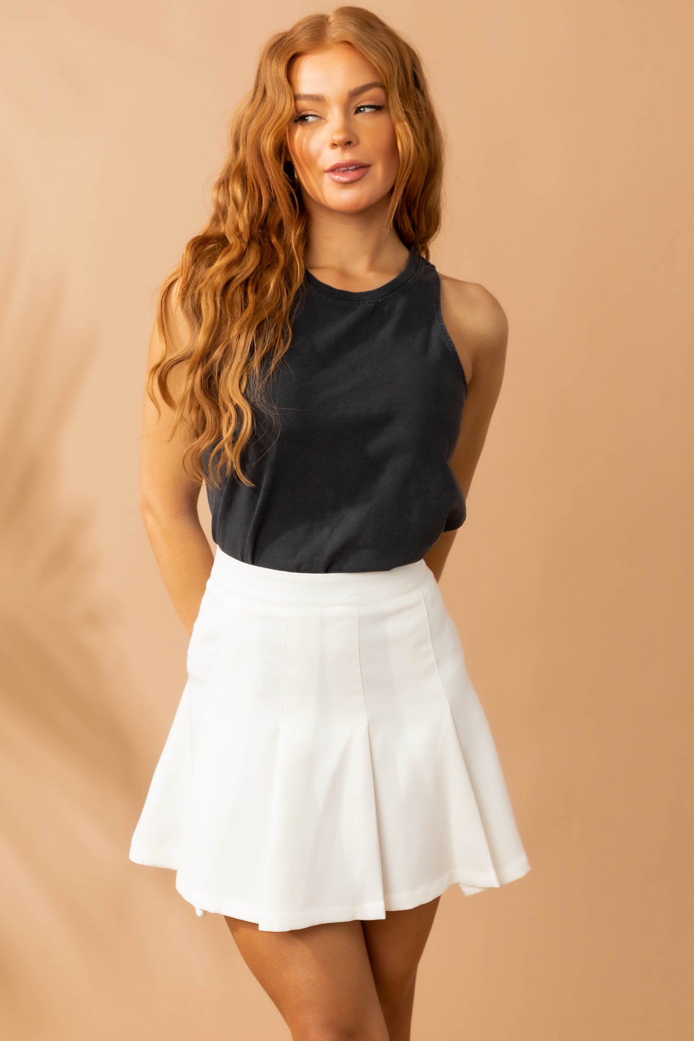 Off White Pleated Flare Woven Mini Skirt