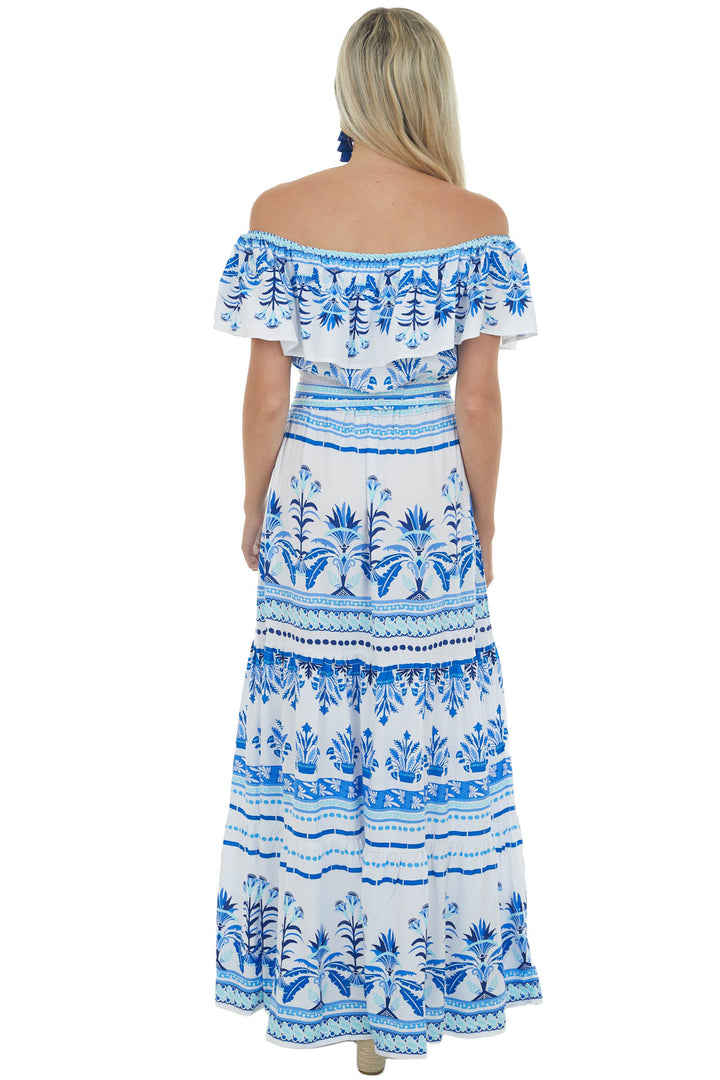 Off White Printed Off the Shoulder Maxi Dress