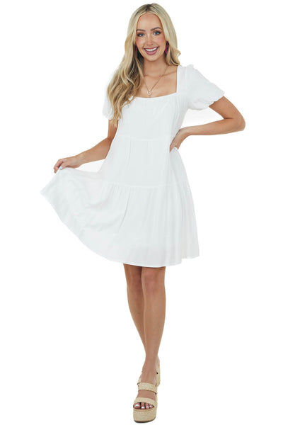 Off White Puff Sleeve Square Neck Tiered Dress