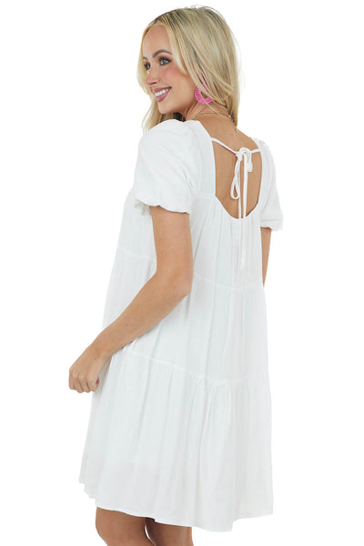 Off White Puff Sleeve Square Neck Tiered Dress