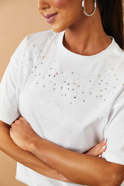 Off White Rhinestone Studded Short Sleeve Top