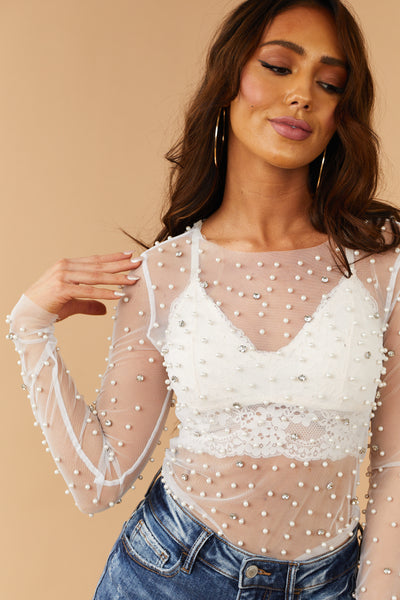 Off White Rhinestone and Pearl Embellished Mesh Top