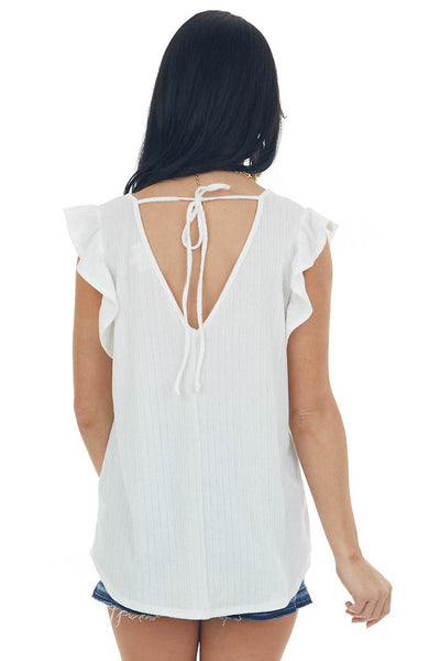 Off White Ribbed Ruffle Cap Sleeve Tie Back Top