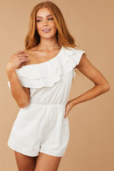 Off White Ruffled One Shoulder Woven Romper