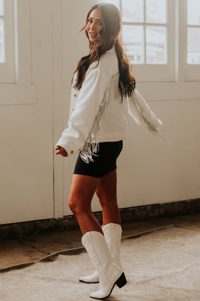 Off White Sequin Fringe Button Up Denim Jacket