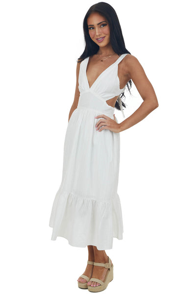 Off White Sleeveless Plunging V Neck Midi Dress