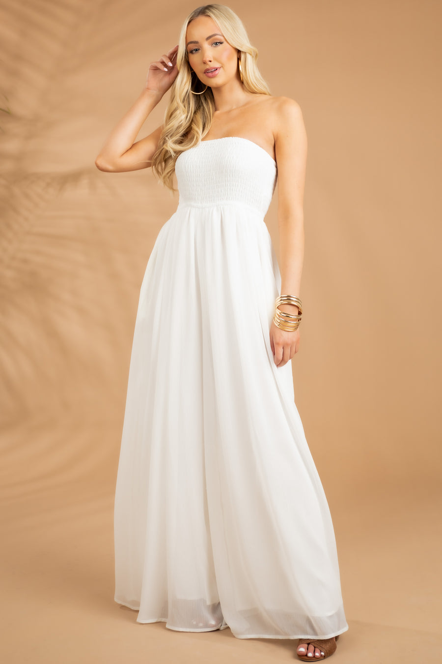 Off White Strapless Smocked Wide Leg Jumpsuit