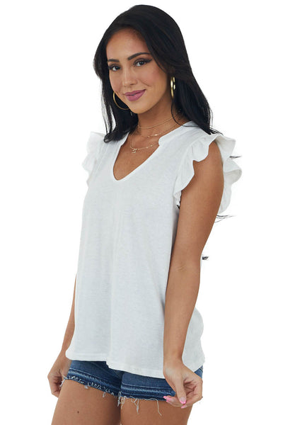 Off White V Neck Ruffle Cap Sleeve Knit Top