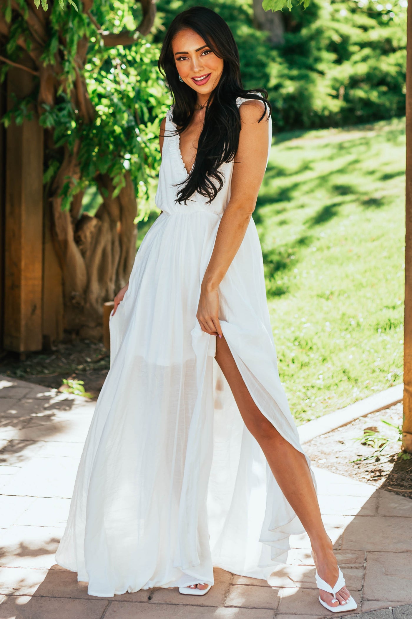 Off White Surplice Maxi Dress with Deep Side Slit